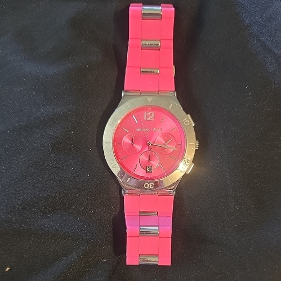 Michael Kors Vibrant Pink and Silver Chronograph Watch Silicone/ Metal Small